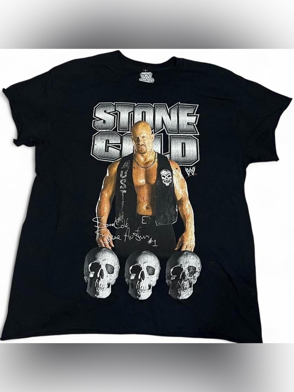 WWE Stone Cold Graphic Men's Black T-Shirt with Skull Art Size Large